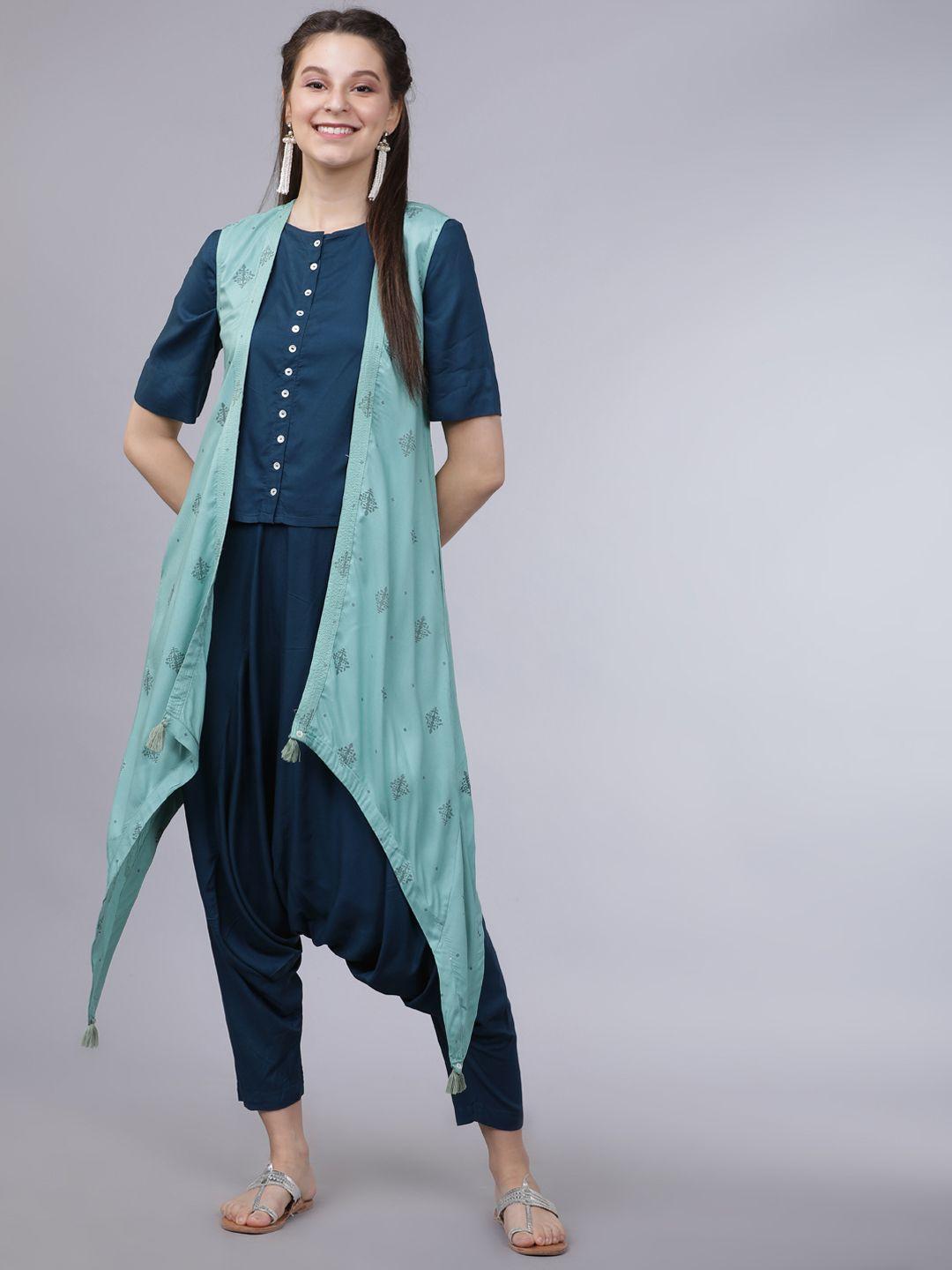 vishudh women teal blue & sea green printed top with trousers & jacket