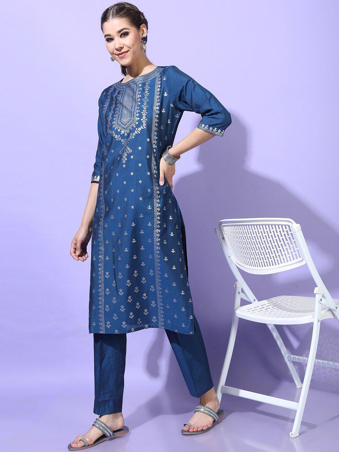 vishudh women teal blue ethnic motifs printed kurta with trousers