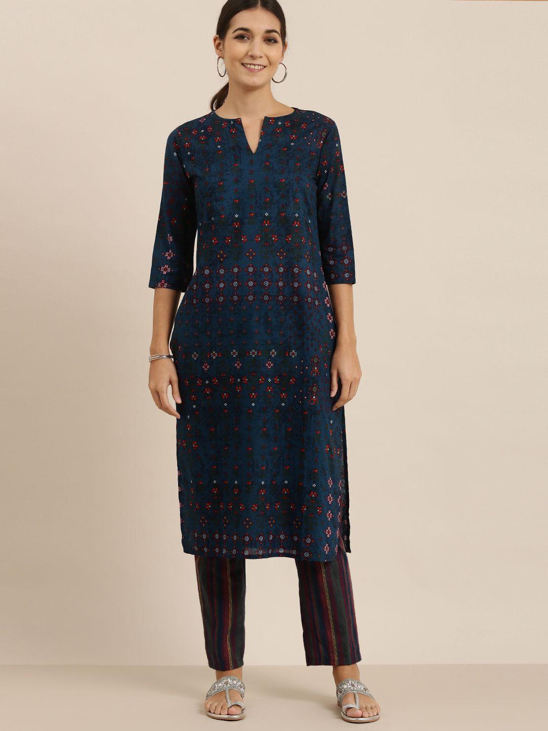 vishudh women teal blue printed kurta with trousers