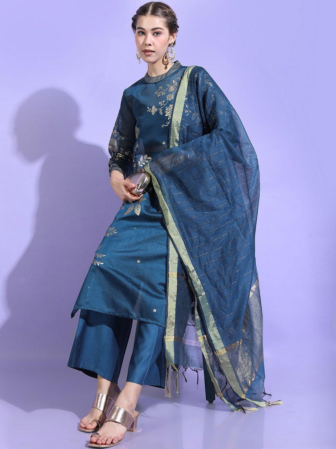 vishudh women teal ethnic motifs chanderi cotton kurta with trousers & with dupatta