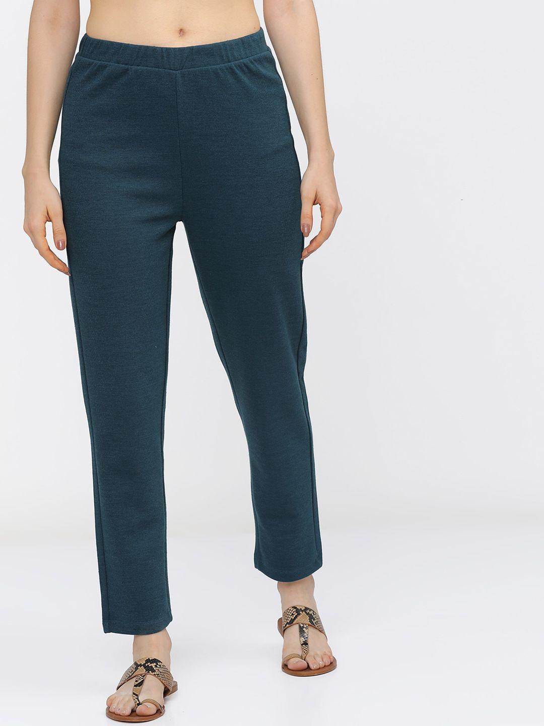 vishudh women teal slim fit trousers