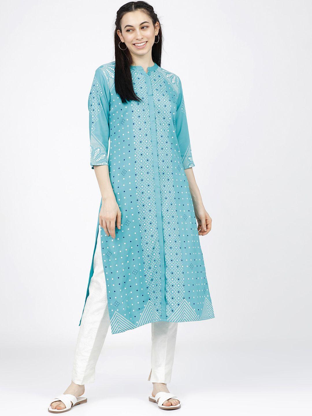 vishudh women turquoise blue & white geometric printed straight kurta