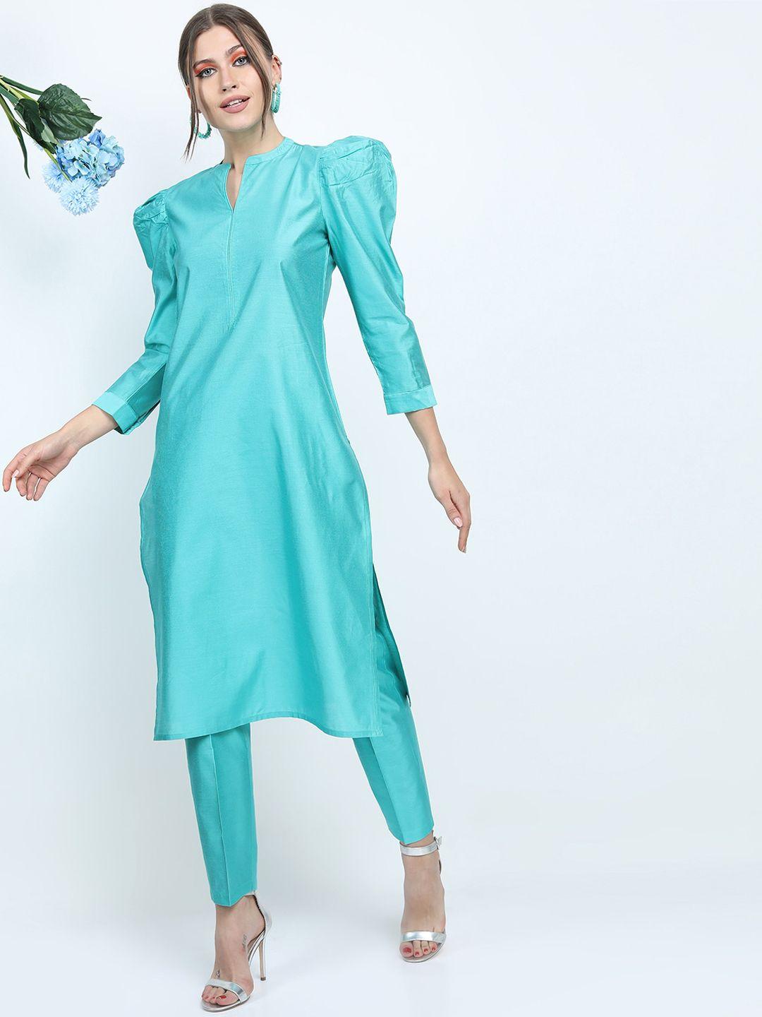 vishudh women turquoise blue  kurti with trousers