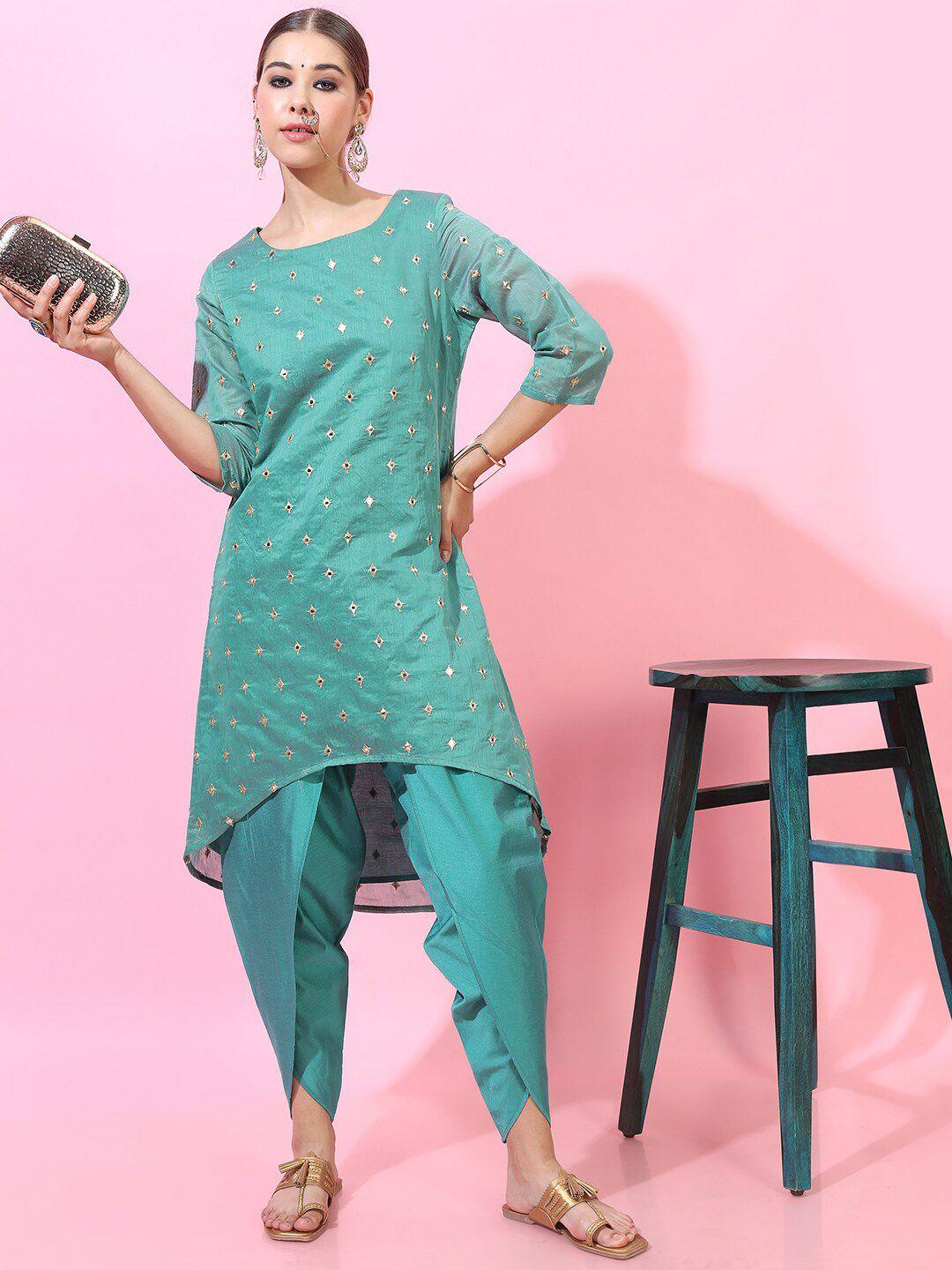 vishudh women turquoise blue embroidered kurta set