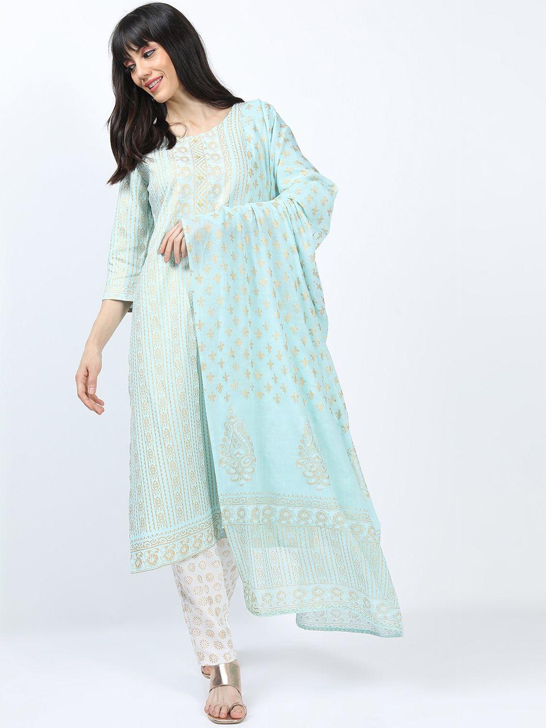 vishudh women turquoise blue ethnic motifs printed kurti with trousers & with dupatta