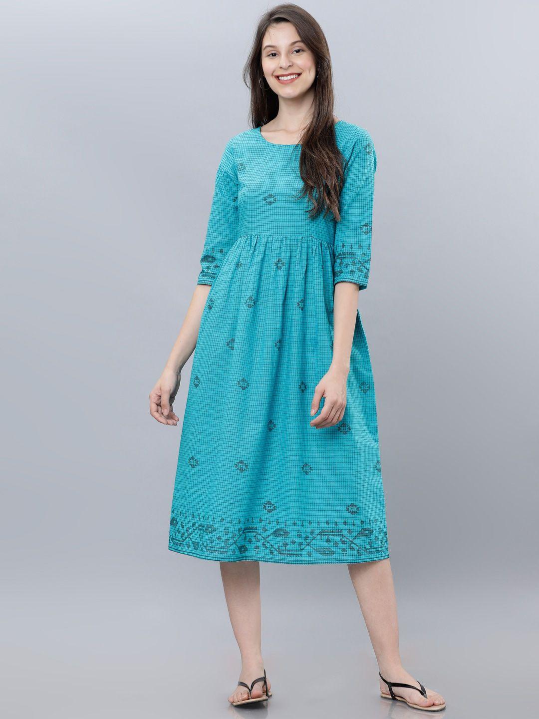 vishudh women turquoise blue printed fit and flare dress