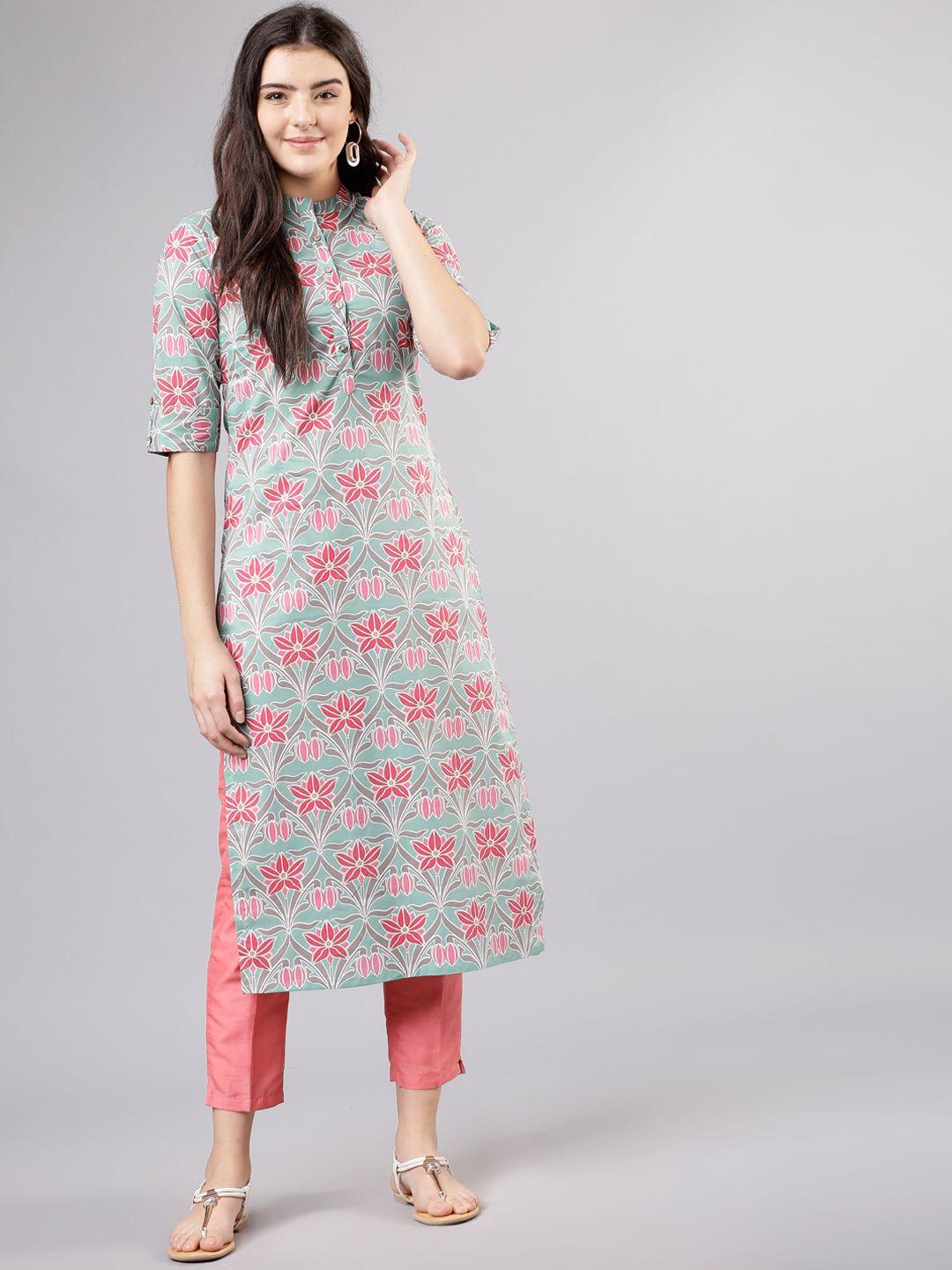 vishudh women turquoise blue printed straight kurta