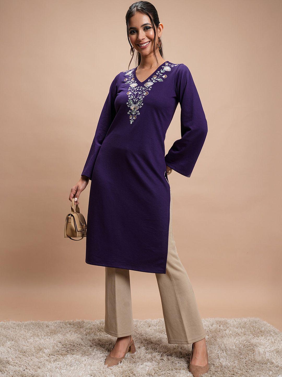 vishudh women violet embroidered kurta