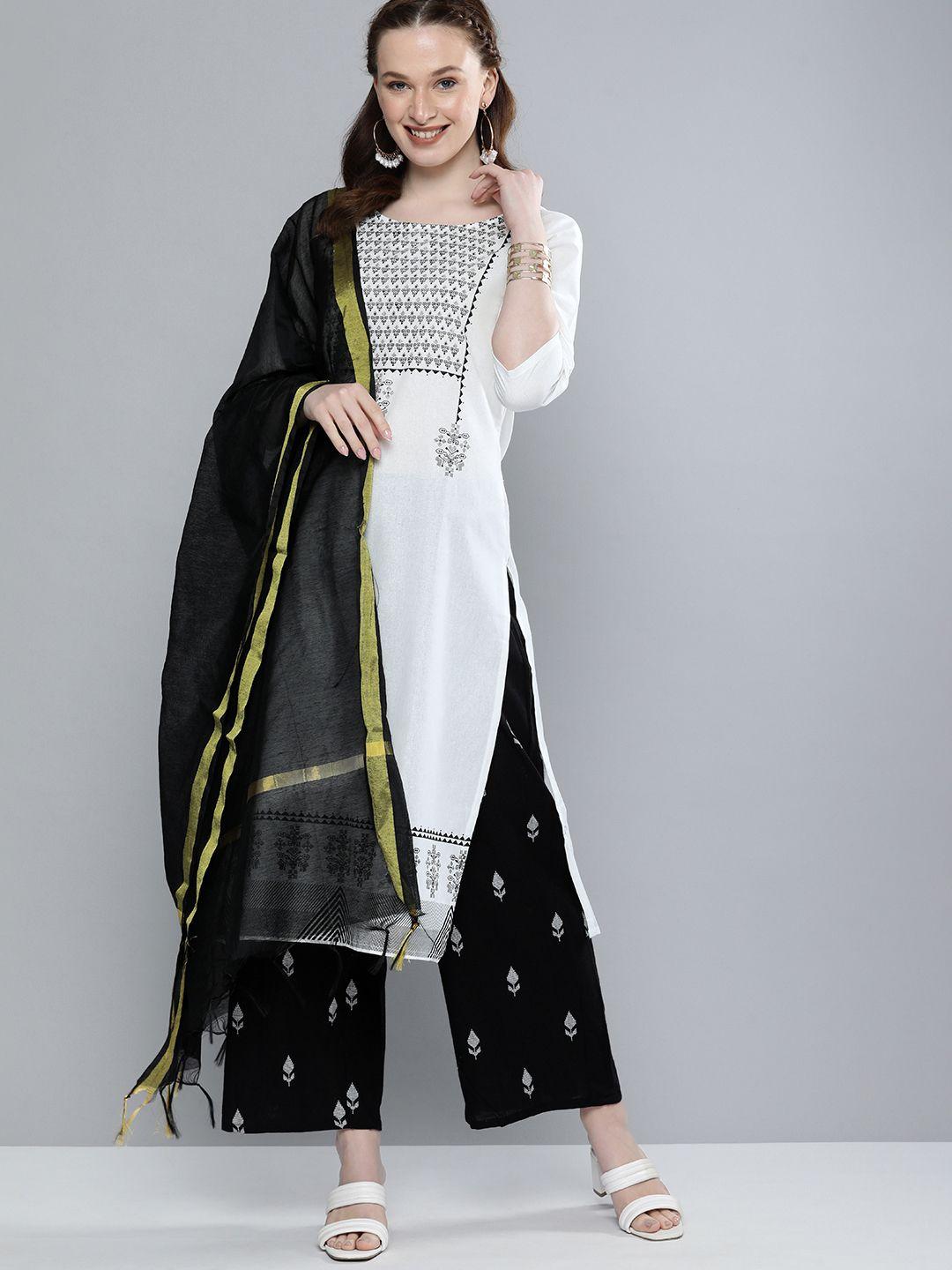 vishudh women white & black printed regular pure cotton kurta with palazzos & with dupatta