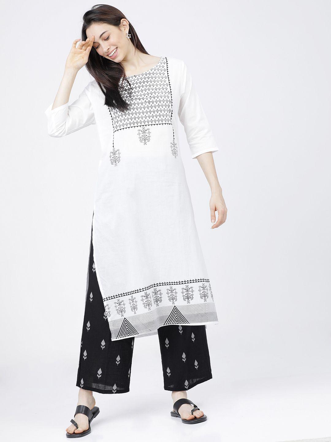 vishudh women white & black yoke printed regular pure cotton kurta with palazzos