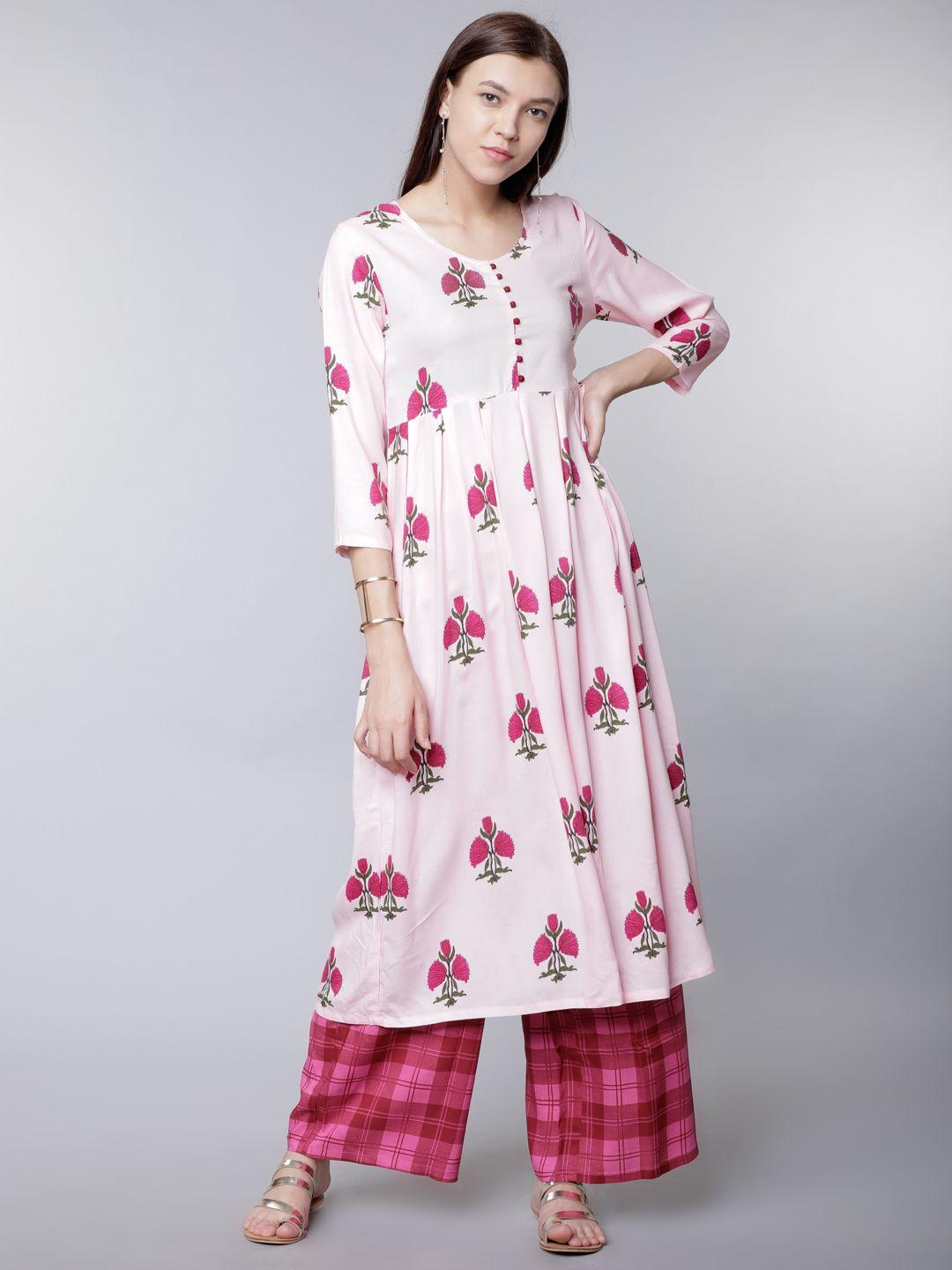 vishudh women white & pink printed kurta with palazzos