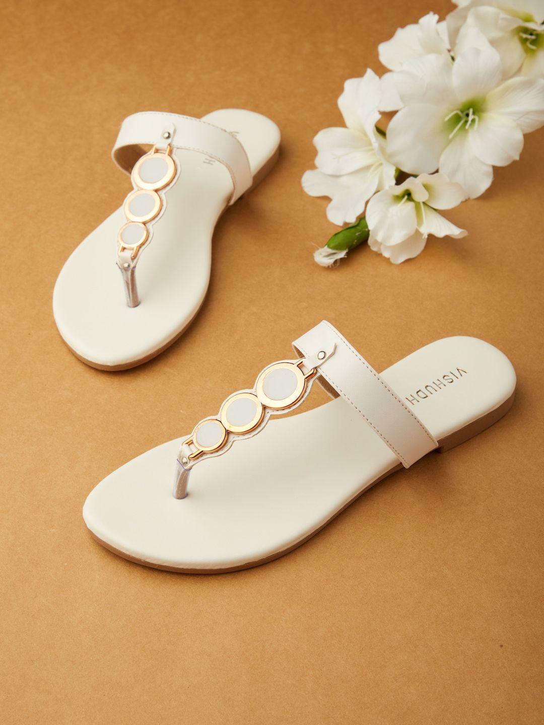 vishudh women white embellished t-strap flats