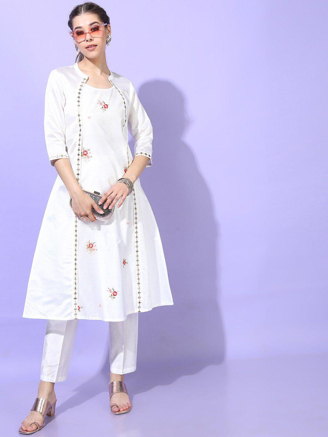 vishudh women white ethnic motifs embroidered panelled mirror work kurta with trousers
