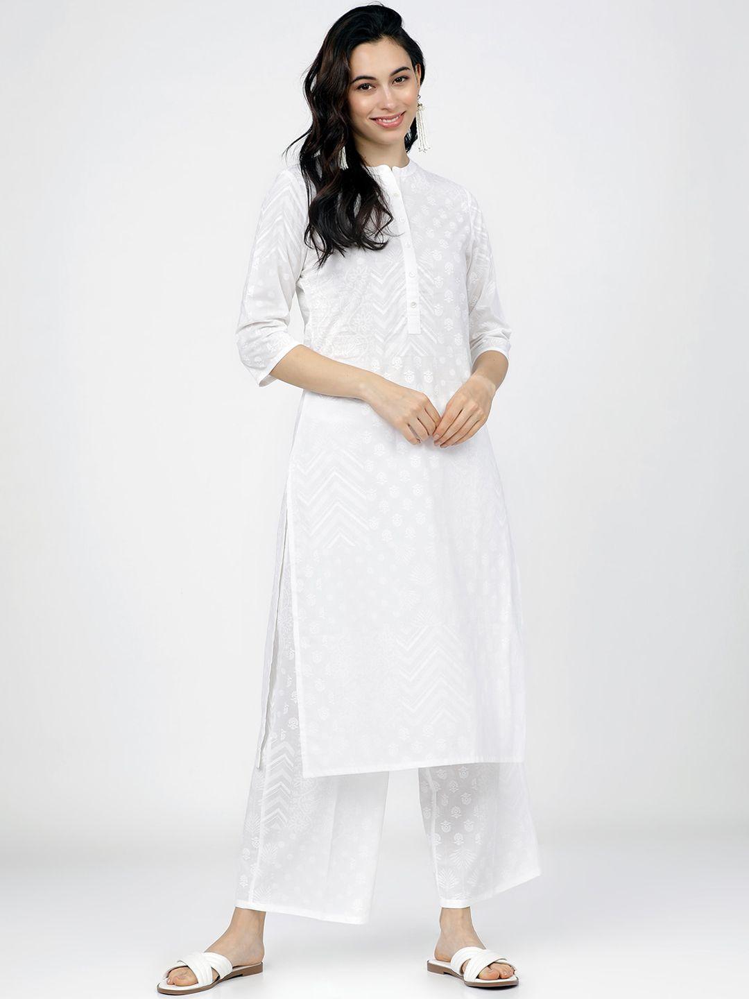 vishudh women white ethnic motifs printed regular pure cotton kurta with palazzos