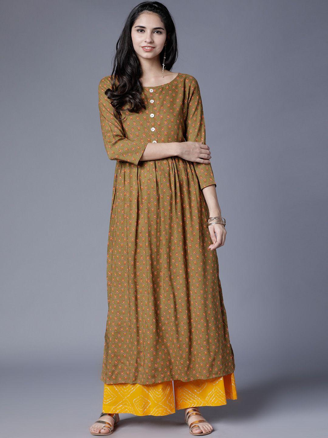 vishudh women yellow & green printed a-line kurta