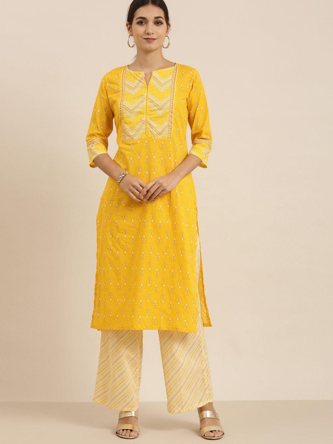 vishudh women yellow & off-white printed kurta with palazzos