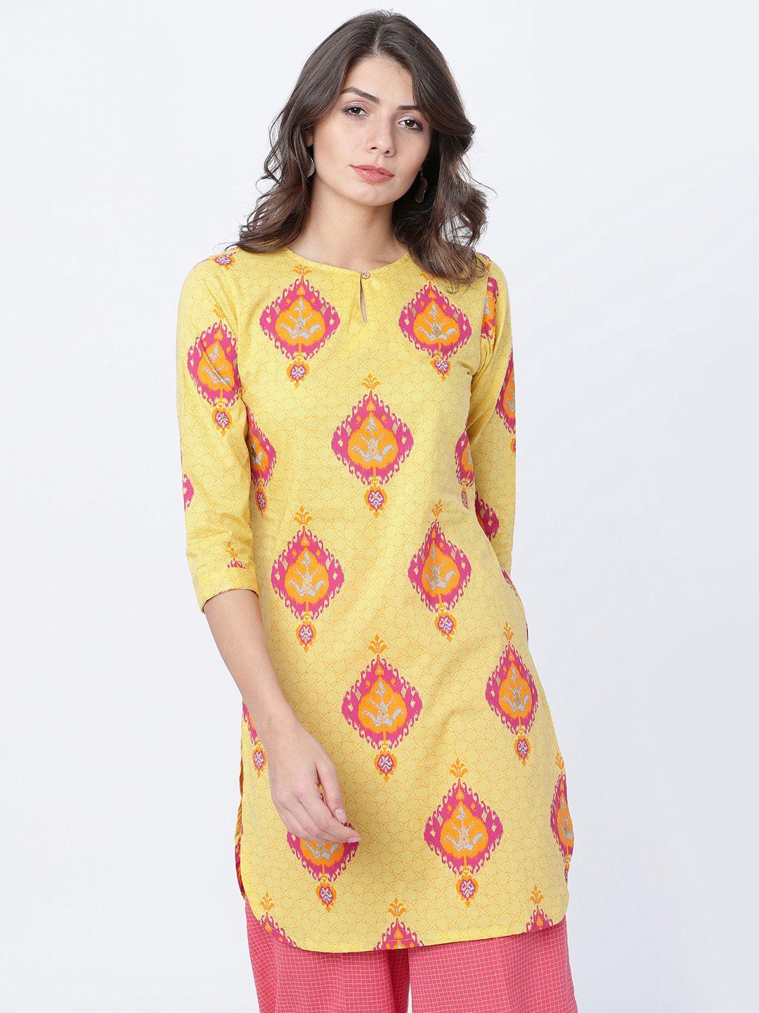 vishudh women yellow & pink printed tunic