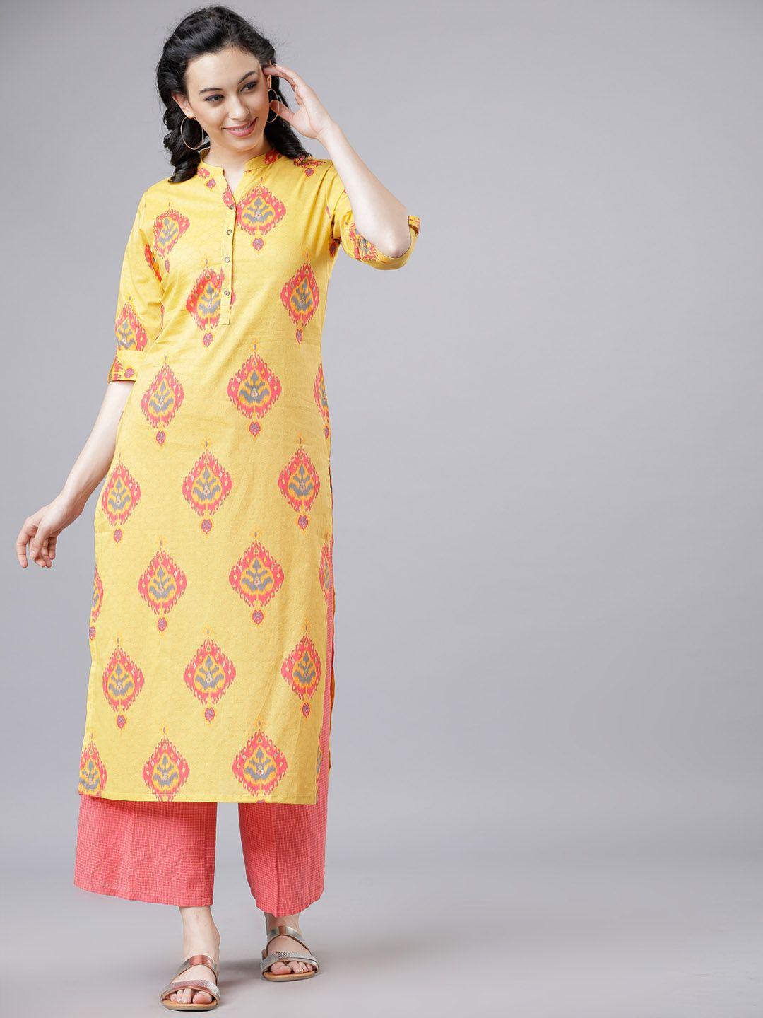 vishudh women yellow & red printed kurta with palazzos