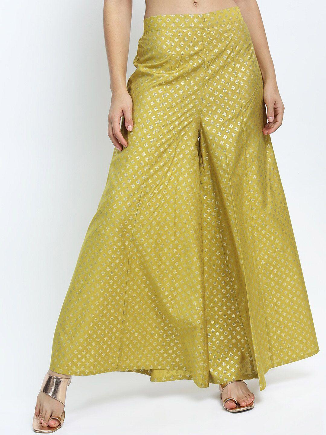 vishudh women yellow & silver ethnic motifs printed flared palazzos