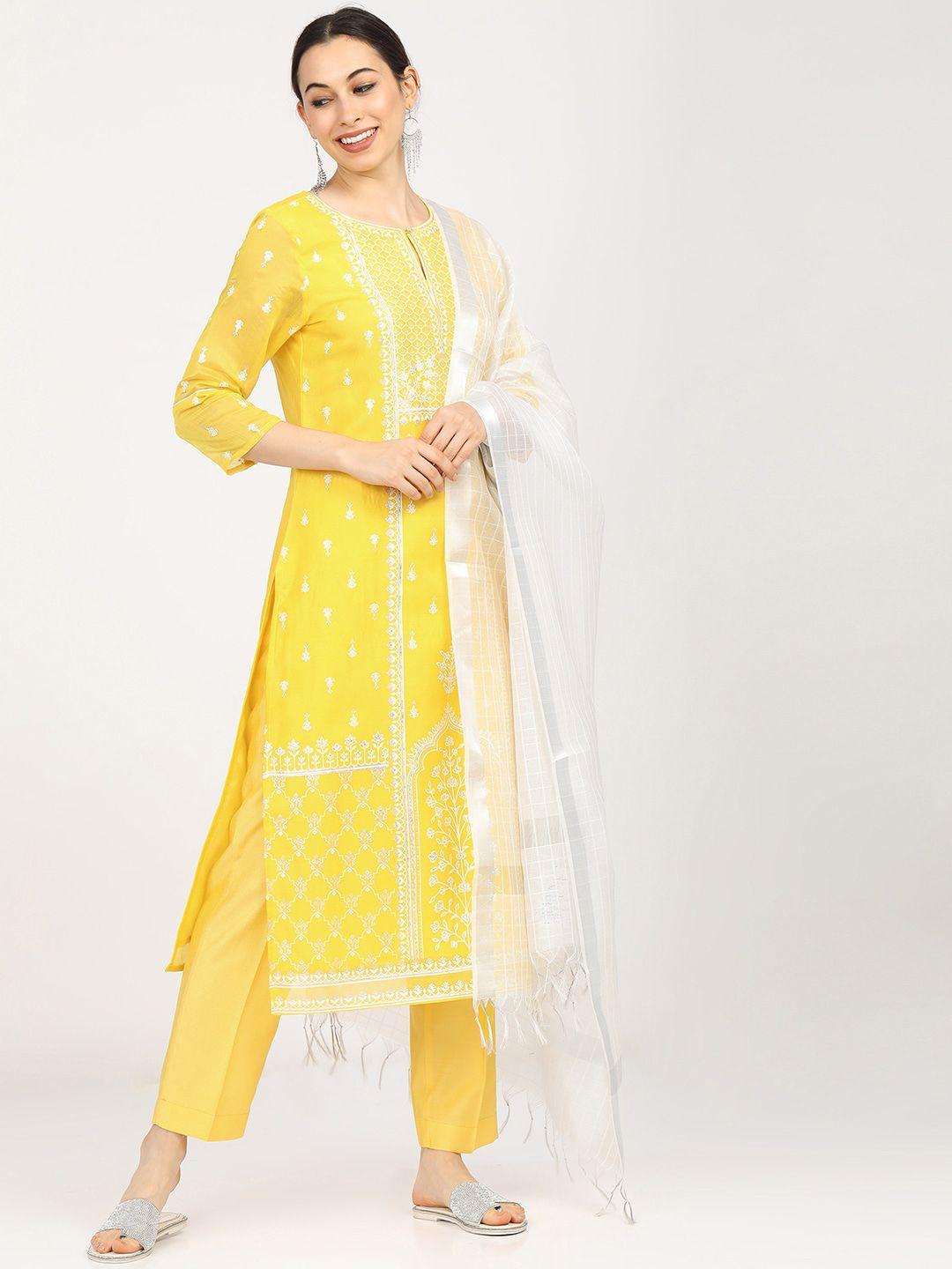 vishudh women yellow & white floral printed regular kurta with trousers & dupatta