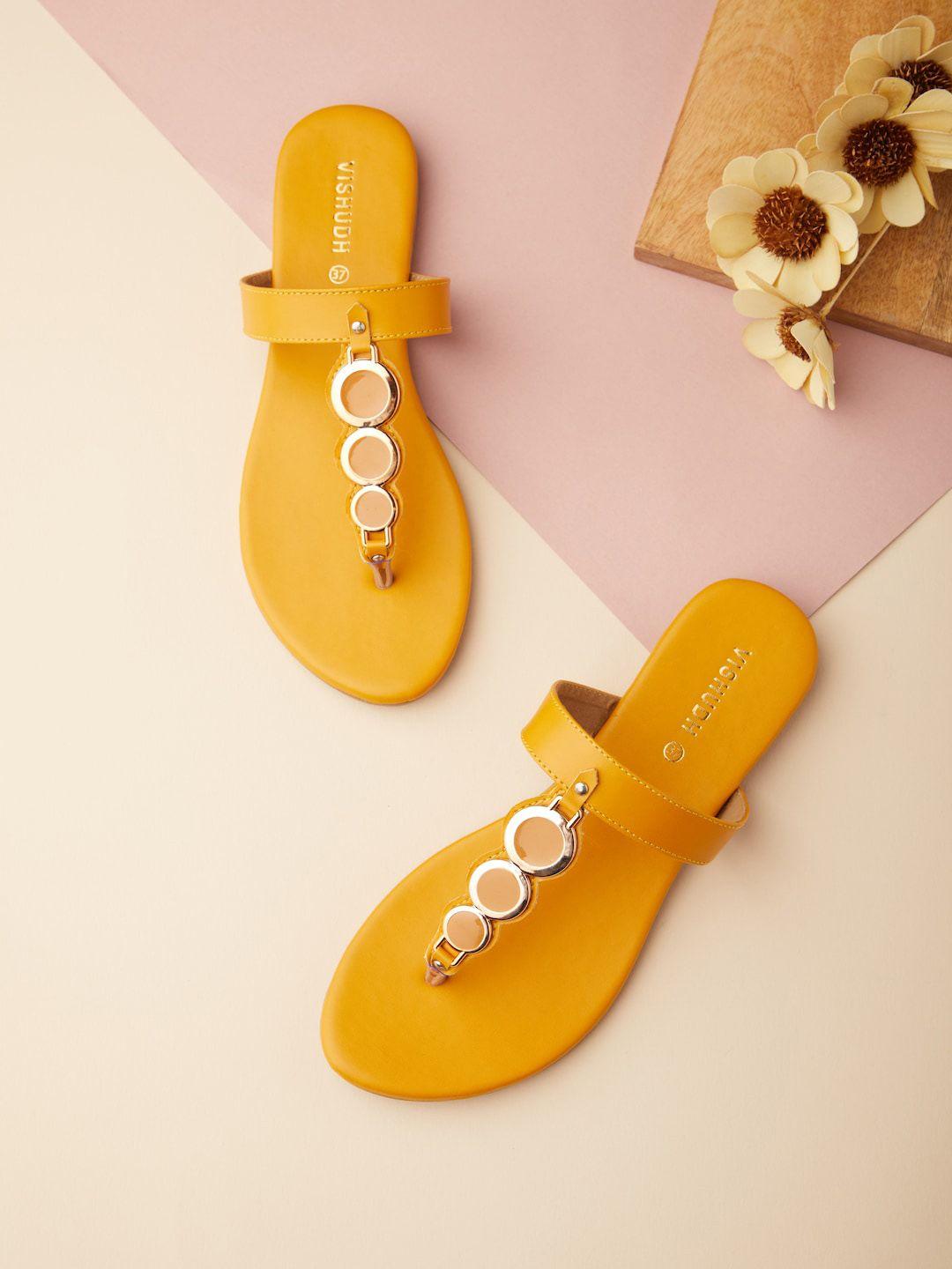 vishudh women yellow embellished t-strap flats