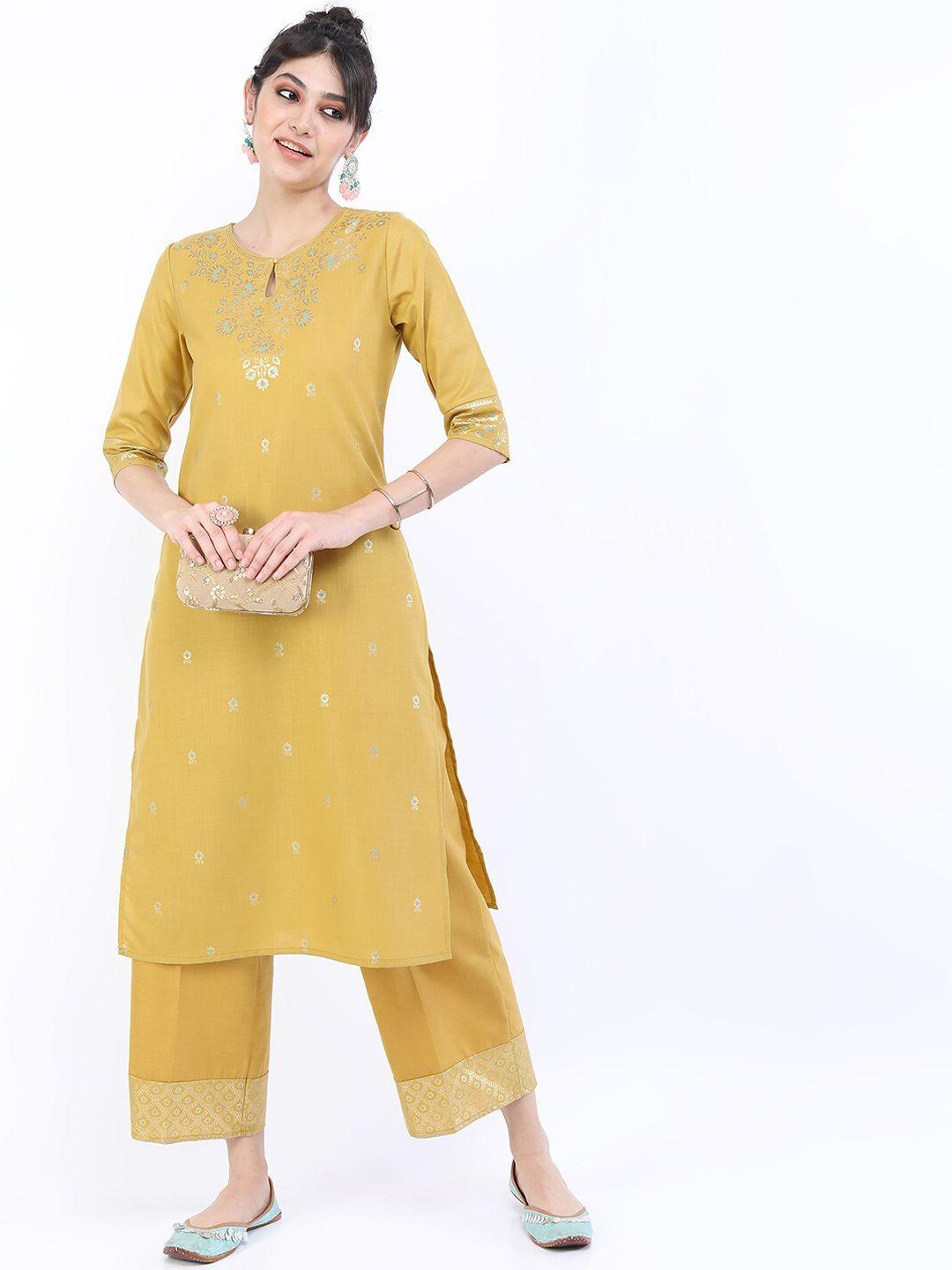 vishudh women yellow ethnic motifs embroidered kurta with palazzos