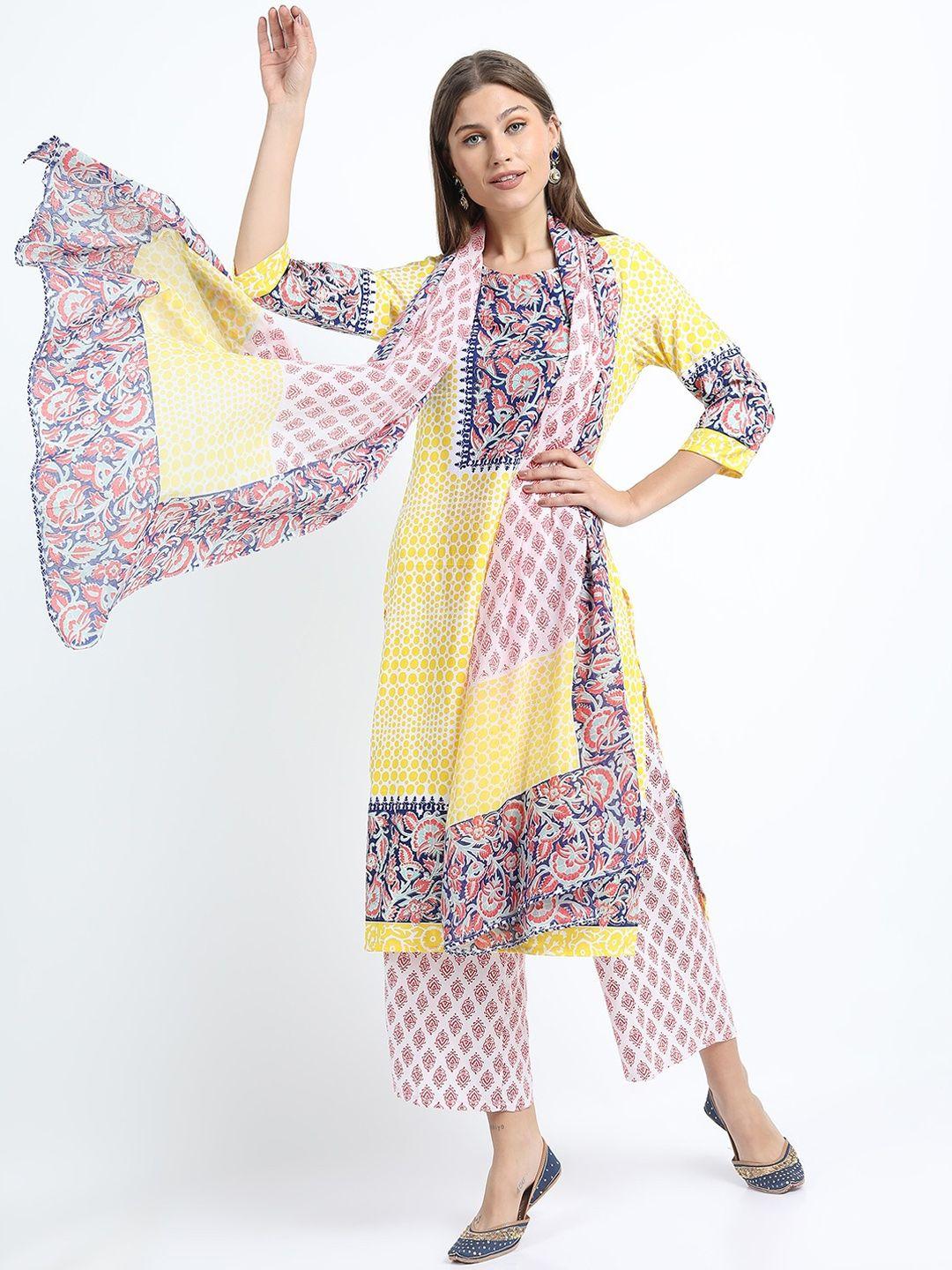 vishudh women yellow ethnic motifs printed kurta with palazzos & with dupatta