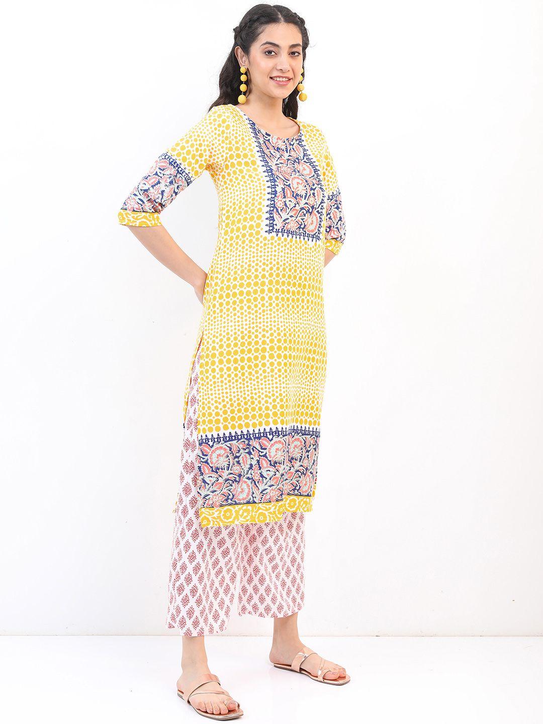 vishudh women yellow ethnic motifs printed kurta with palazzos