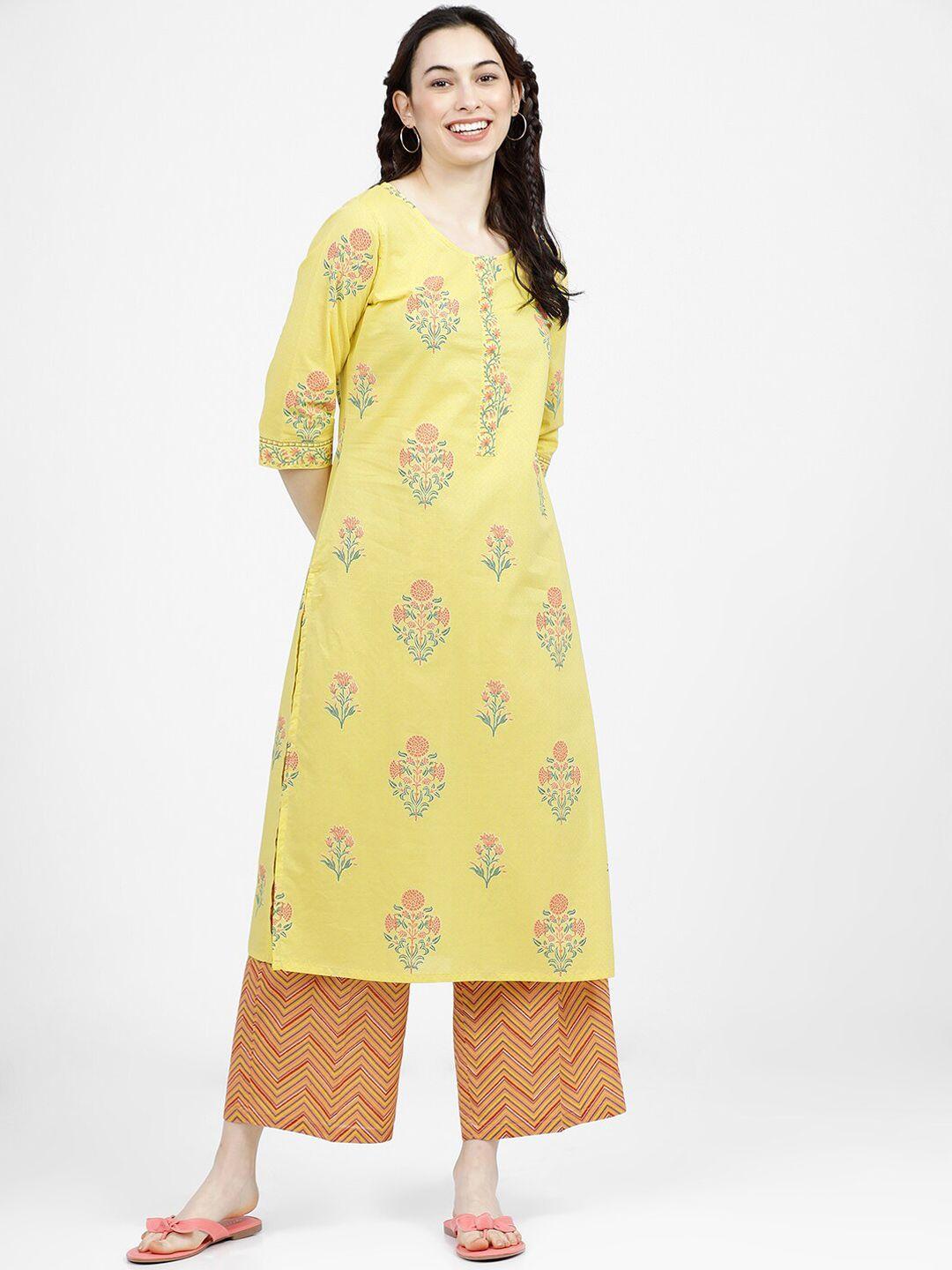 vishudh women yellow ethnic motifs printed regular pure cotton kurta with palazzos