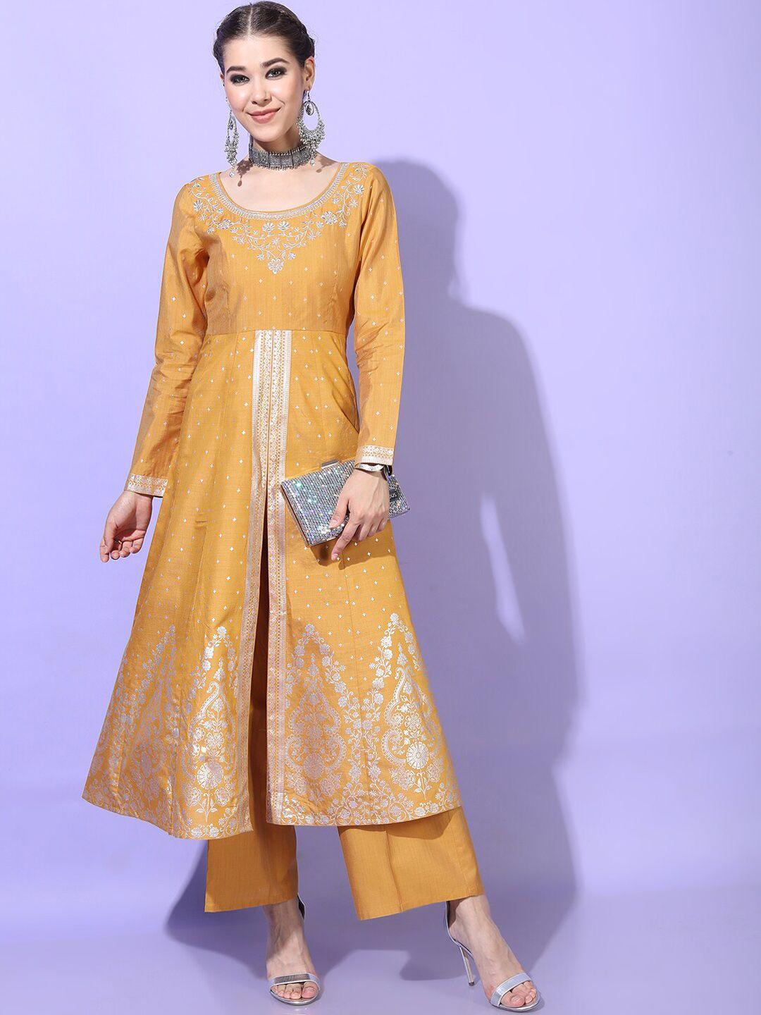 vishudh women yellow floral printed high slit kurta with palazzos