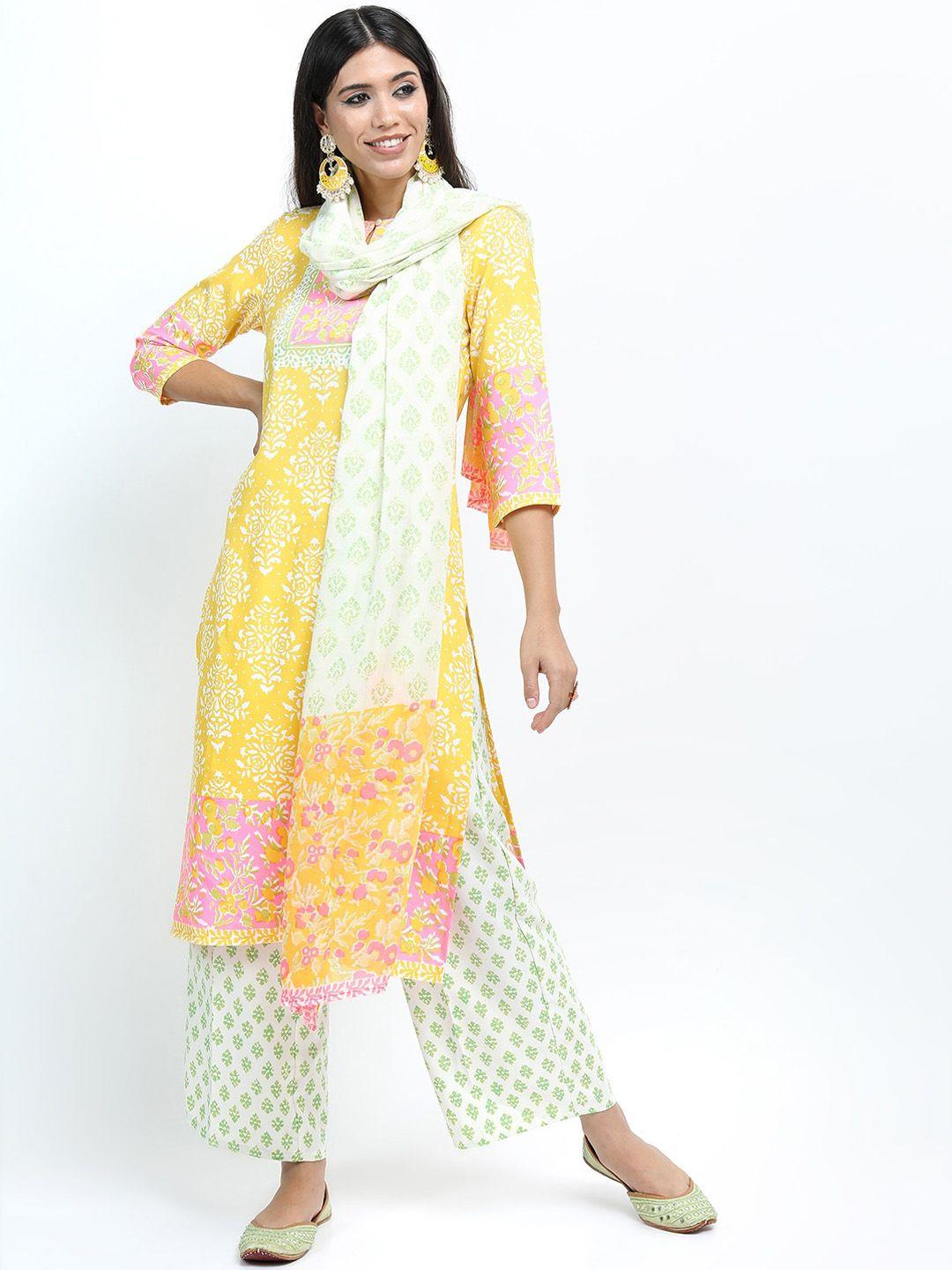 vishudh women yellow floral printed straight kurti with trousers & dupatta