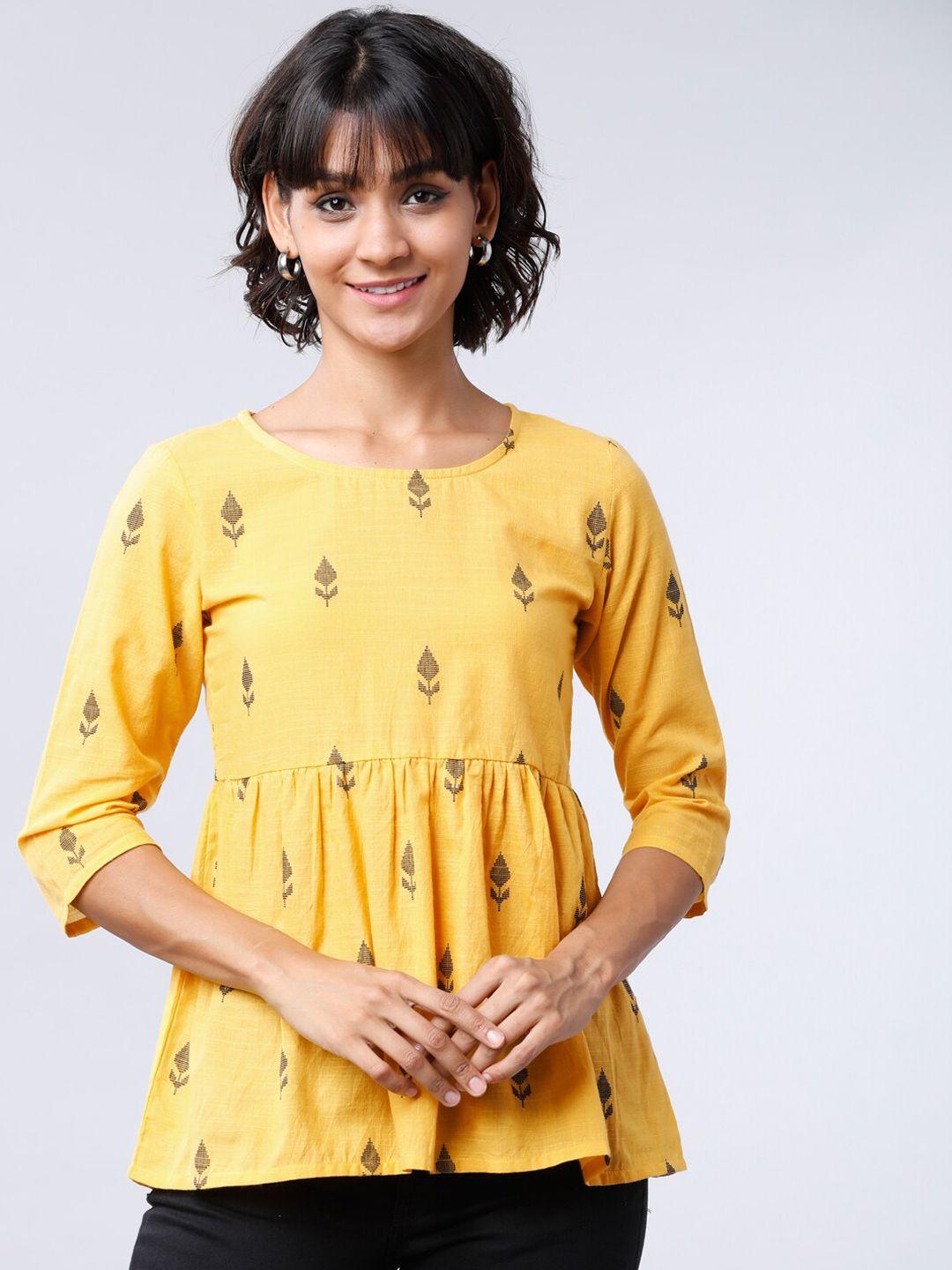 vishudh women yellow printed a-line pure cotton top