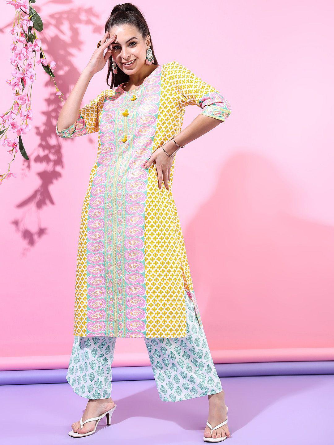 vishudh women yellow printed kurta with trousers