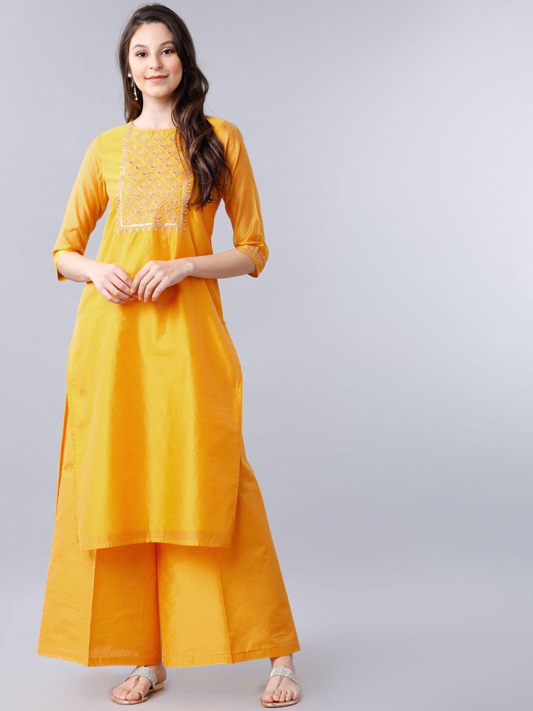 vishudh women yellow yoke design kurta with palazzos