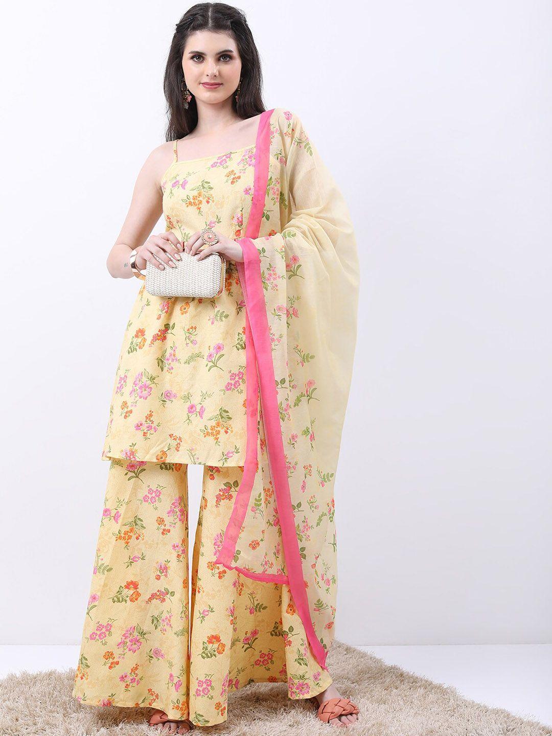 vishudh yellow & pink floral printed kurti with sharara & dupatta