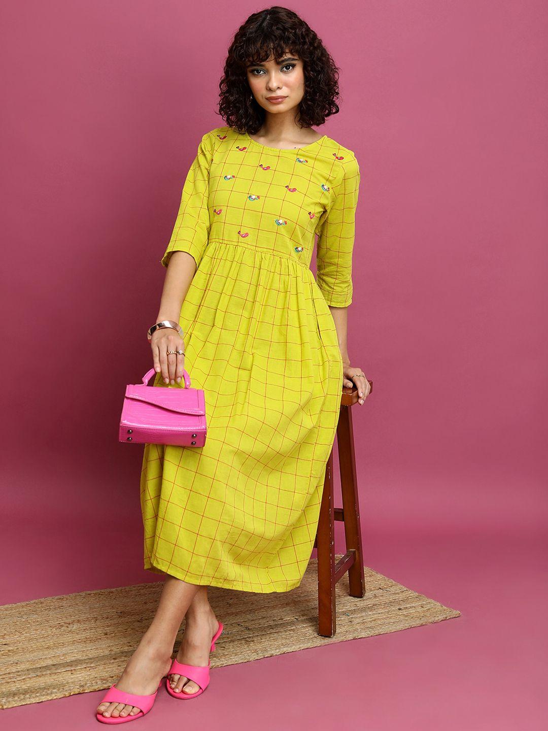 vishudh yellow checked cotton a-line midi dress