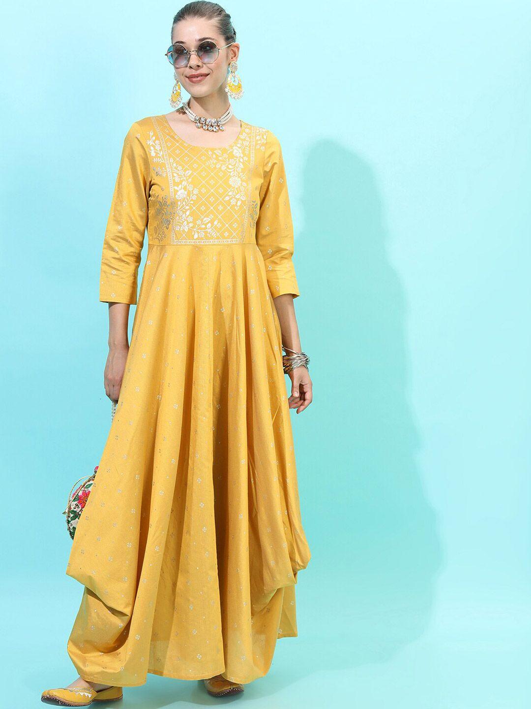 vishudh yellow embellished ethnic maxi printed cowl dress