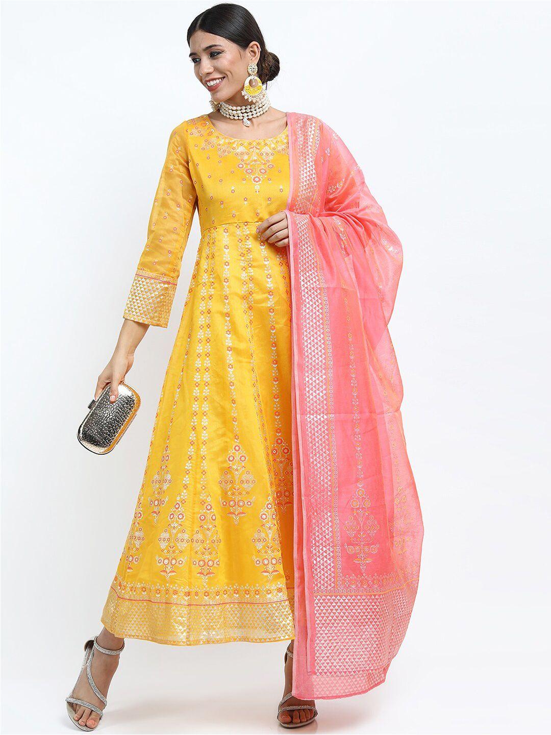 vishudh yellow ethnic motifs printed maxi anarkali dress with dupatta