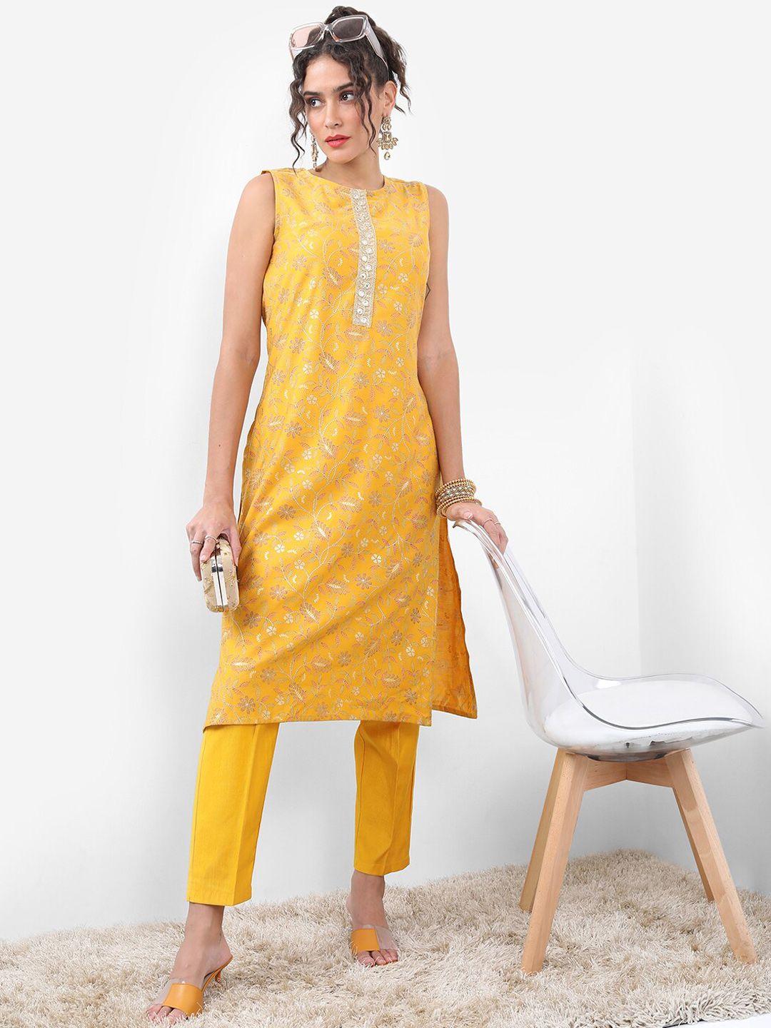 vishudh yellow ethnic motifs printed sleeveless straight kurta with trousers