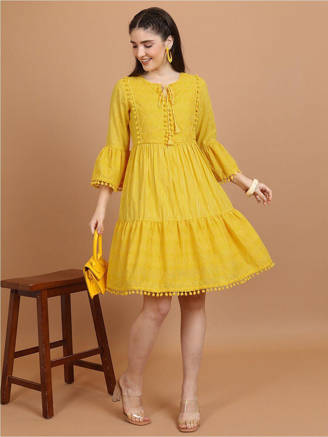 vishudh yellow floral embroidered a-line dress