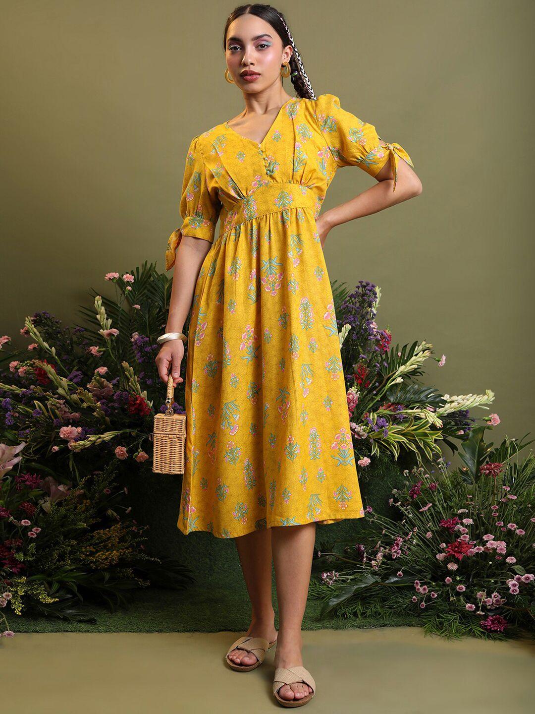 vishudh yellow floral print empire midi dress