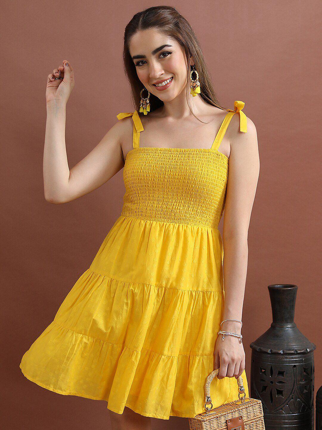 vishudh yellow shoulder straps smocked cotton fit & flare dress