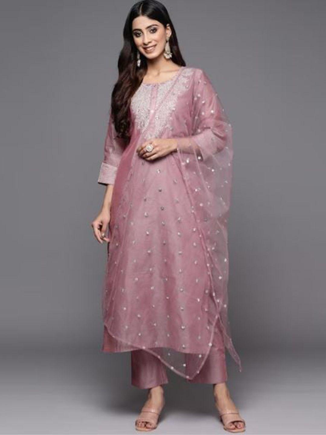 visit wear embroidered regular sequinned chanderi silk kurti with trousers & dupatta