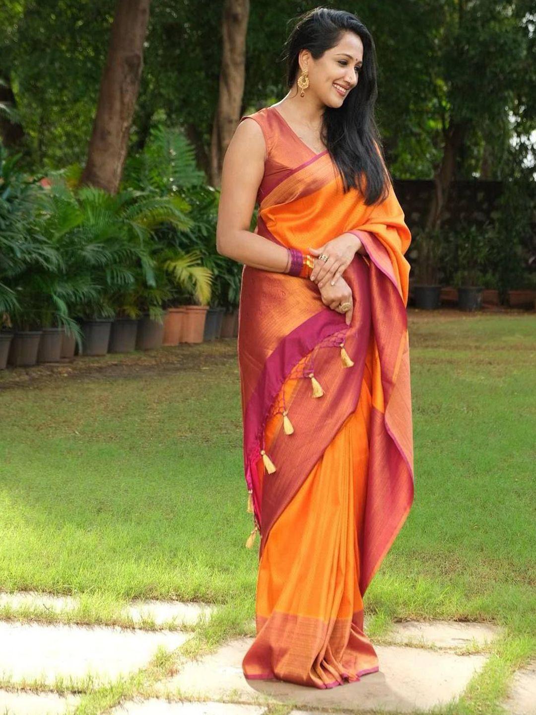 visit wear orange art silk banarasi saree