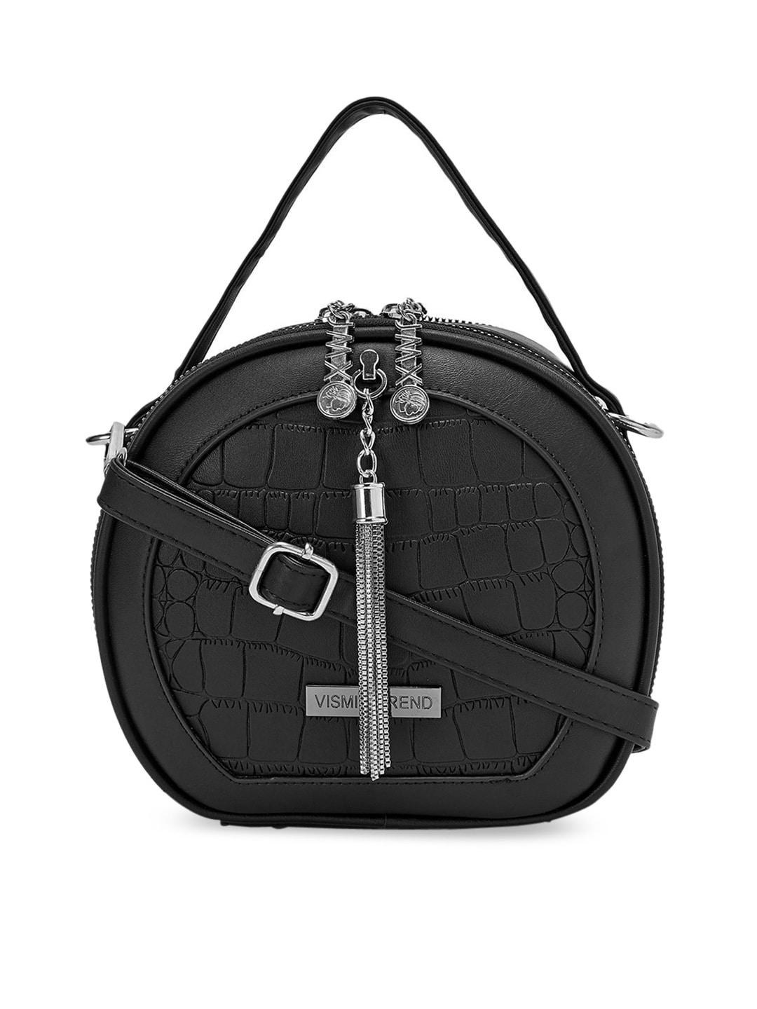 vismiintrend black textured pu structured sling bag with tasselled