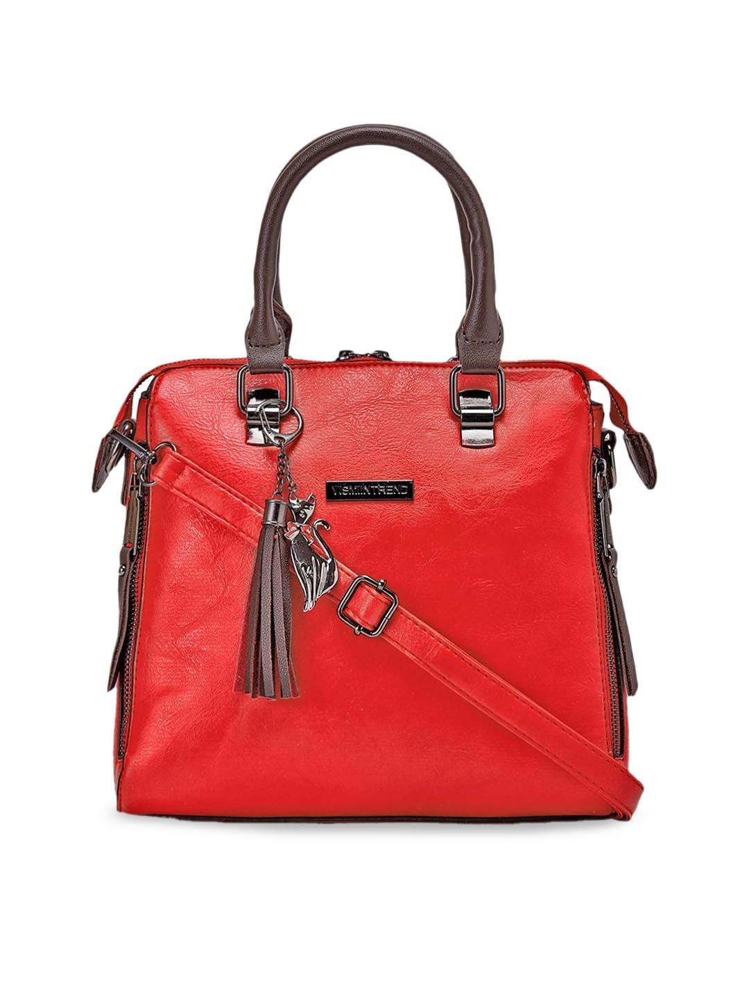vismiintrend red pu structured handheld bag with tasselled