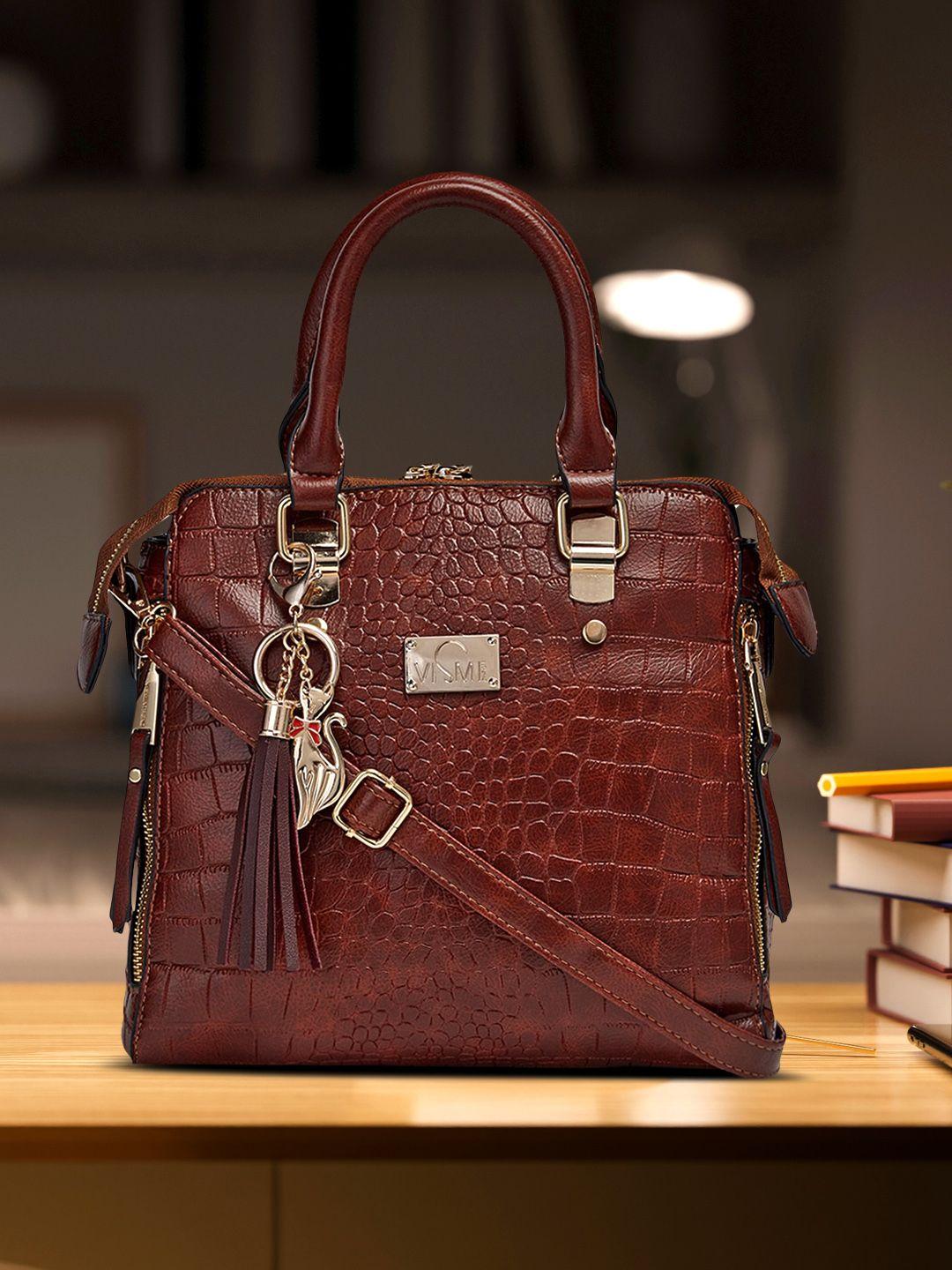 vismiintrend brown textured pu structured satchel with tasselled