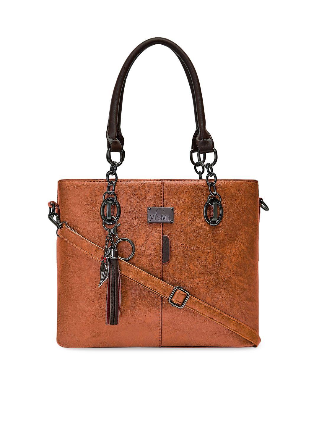 vismiintrend tan brown structured handheld bag with tasselled