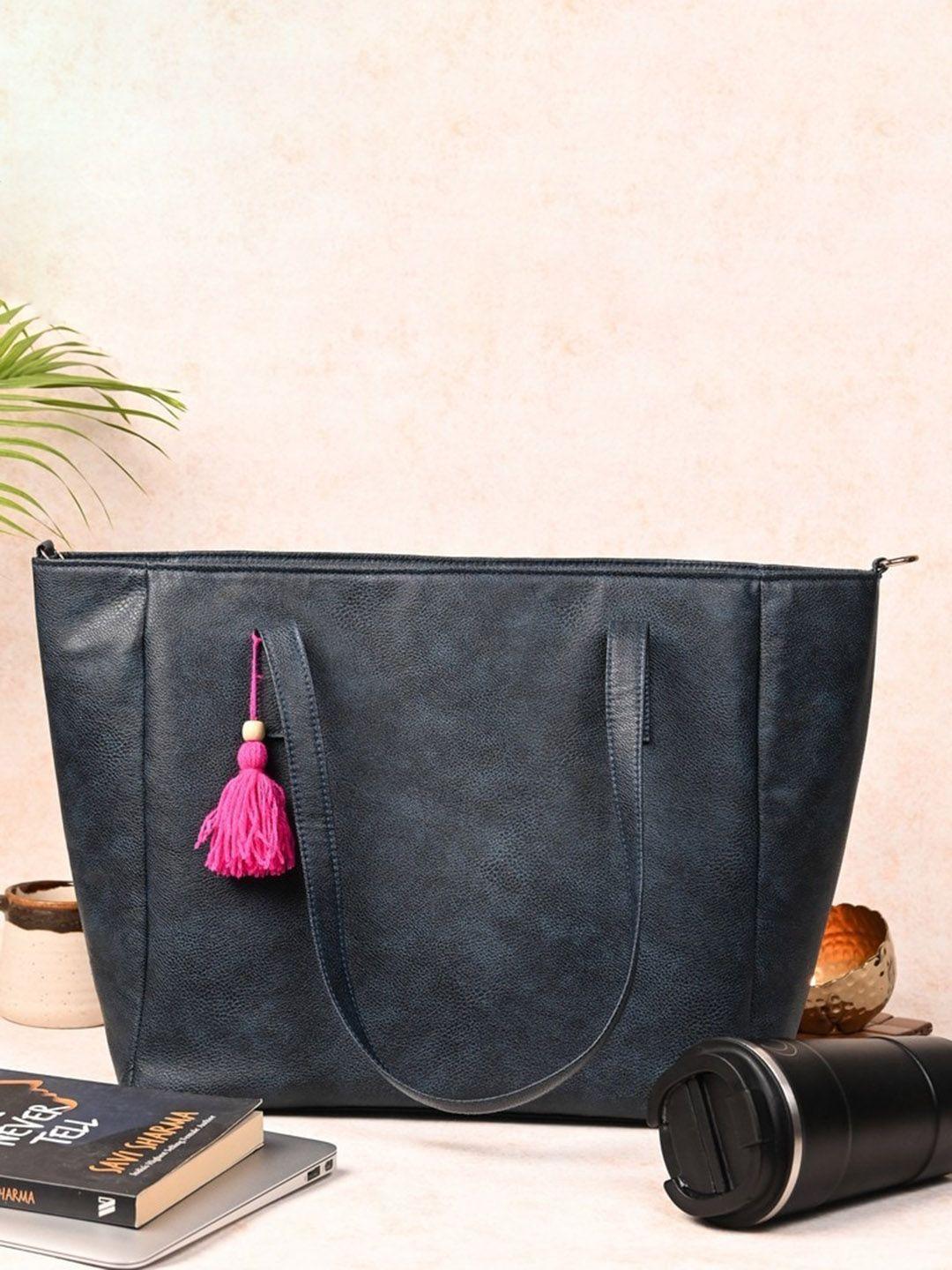 visual echoes blue structured shoulder bag with tasselled