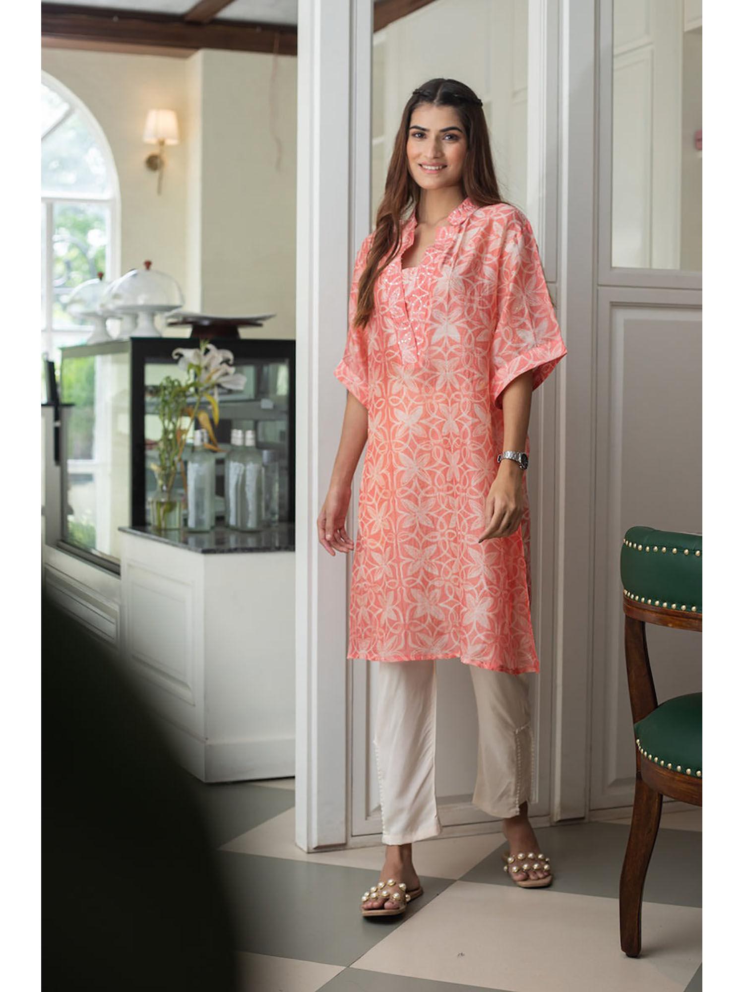 visyati chanderi peach floral three fourth sleeves mandarin neck kurta (set of 2)